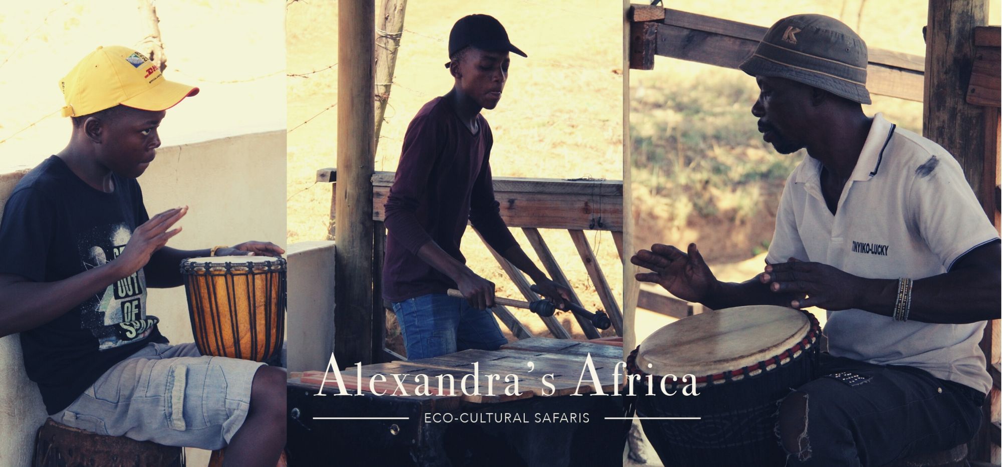 Lucky Ntimani sculptor and musician on Ribola Art Route with two members of his boy band playing for Alexandra's Africa guests