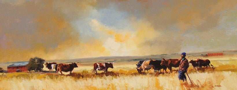 African Horizons in oil - herdsman tending cattle