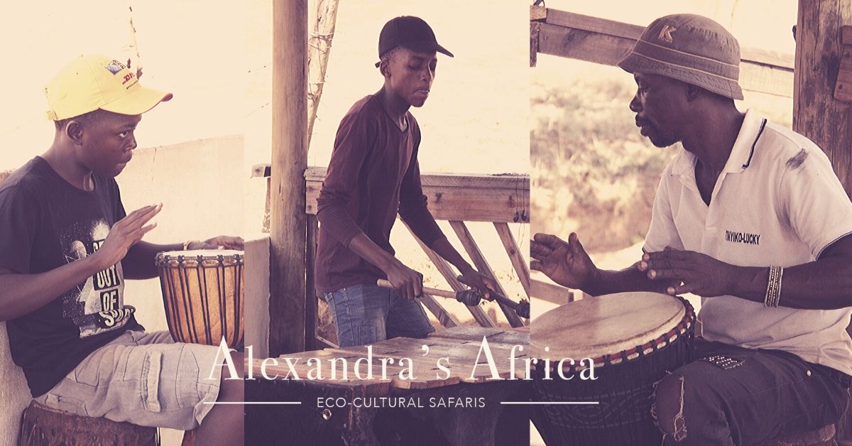 Young African Musicians playing traditional instruments in a group