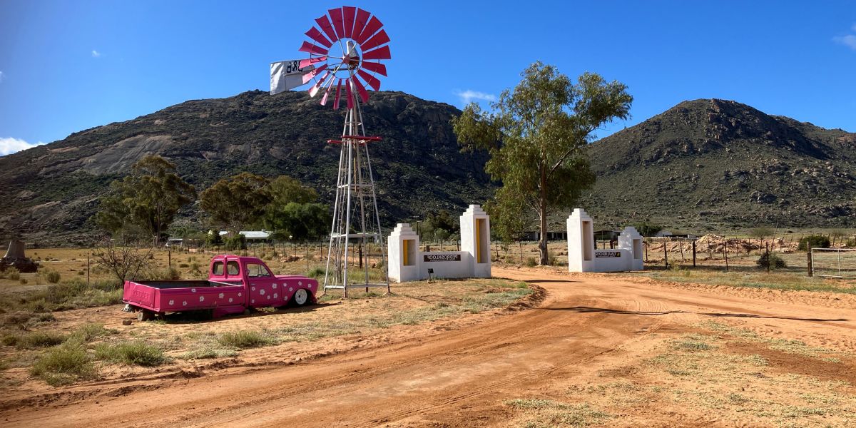 NAMAQUALAND FLOWER SAFARI Picture of farm from outside white gates with pink car and wind pump in foreground